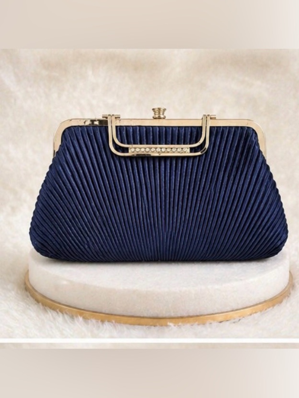Elegant Navy Pleated Satin Clutch with Silver Frame